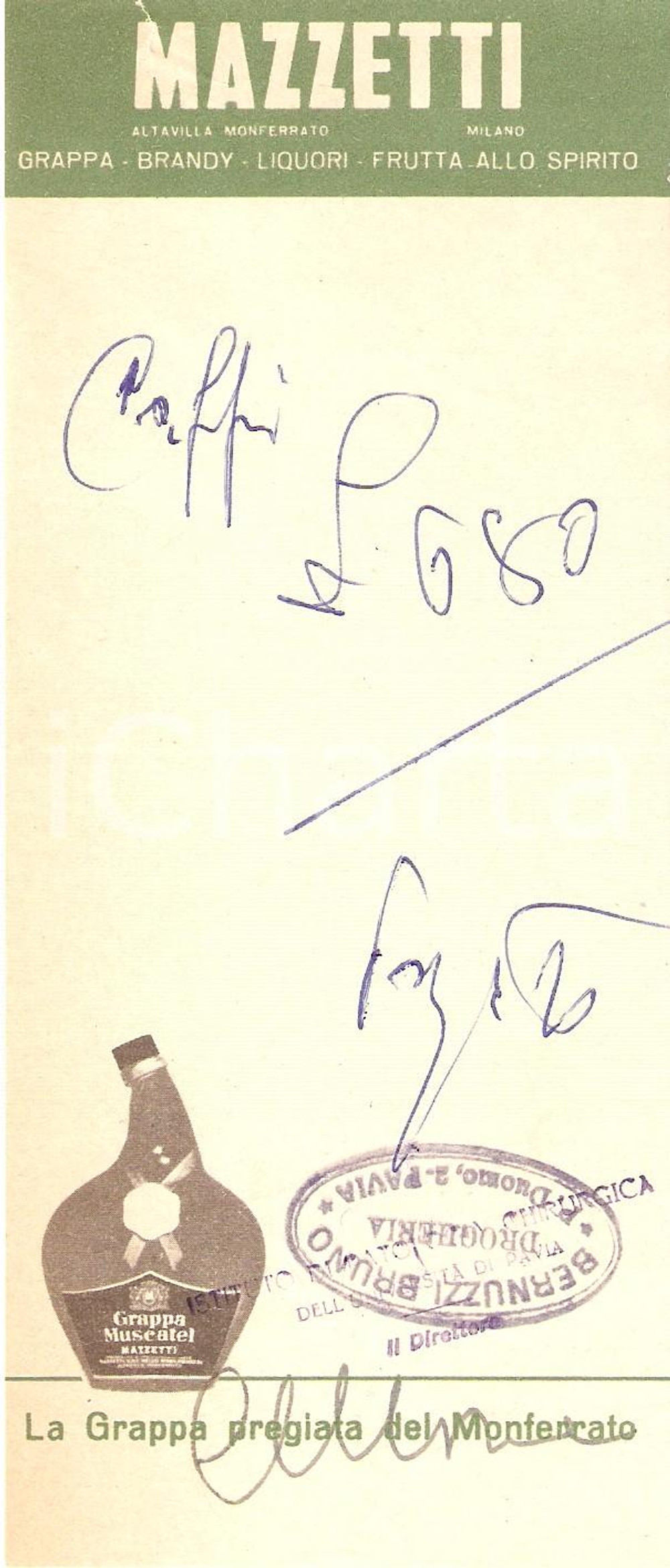 Materiale pubblicitario d’epoca 1965 ca PAVIA Drogheria Bruno BERNUZZI Grappa Muscatel MAZZETTI Ricevuta 7x18 cm 1
