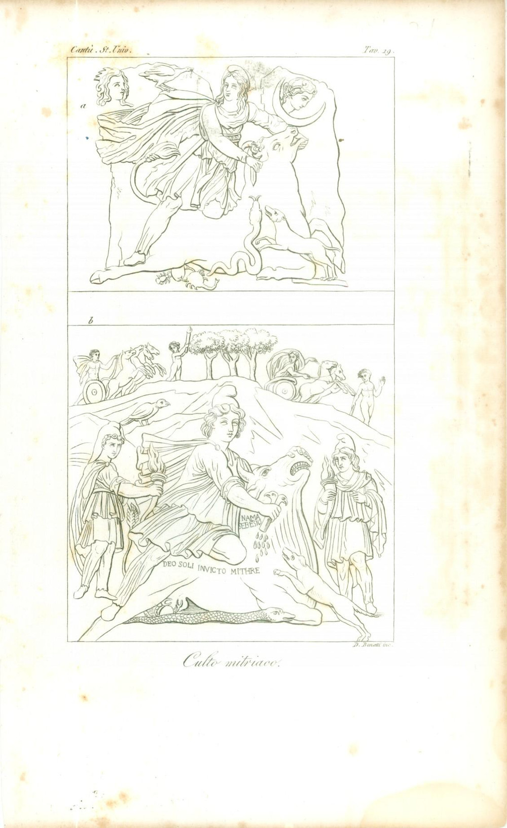 Stampa, bozzetto originale 1845 Cesare CANTU  Culto mitriaco Stampa estratta da Storia Universale 1