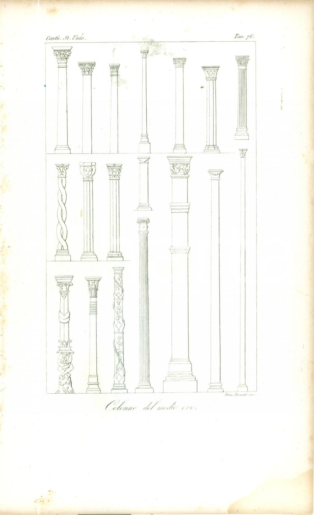 Stampa, bozzetto originale 1845 Cesare CANTU  Colonne del Medio Evo Stampa estratta da Storia Universale 1