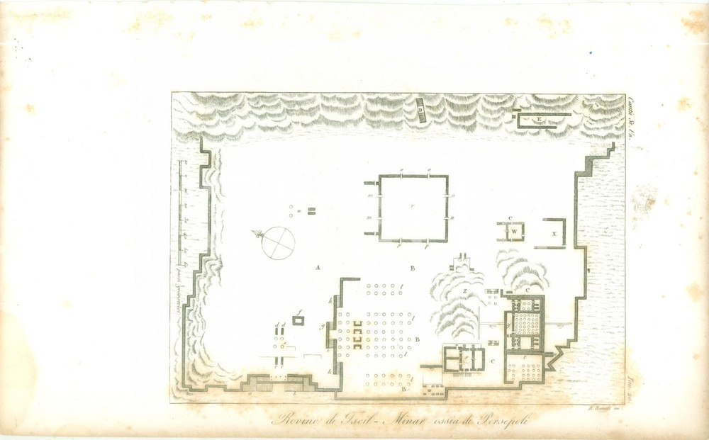 Stampa, bozzetto originale 1845 Cesare CANTU  Rovine TSCILMINAR ossia PERSEPOLI Stampa Storia Universale 1