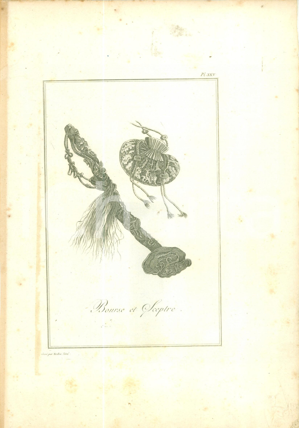 Stampa, bozzetto originale 1850 ca IMPERO CINESE Borsa e scettro incisore TARDIEU Stampa 1