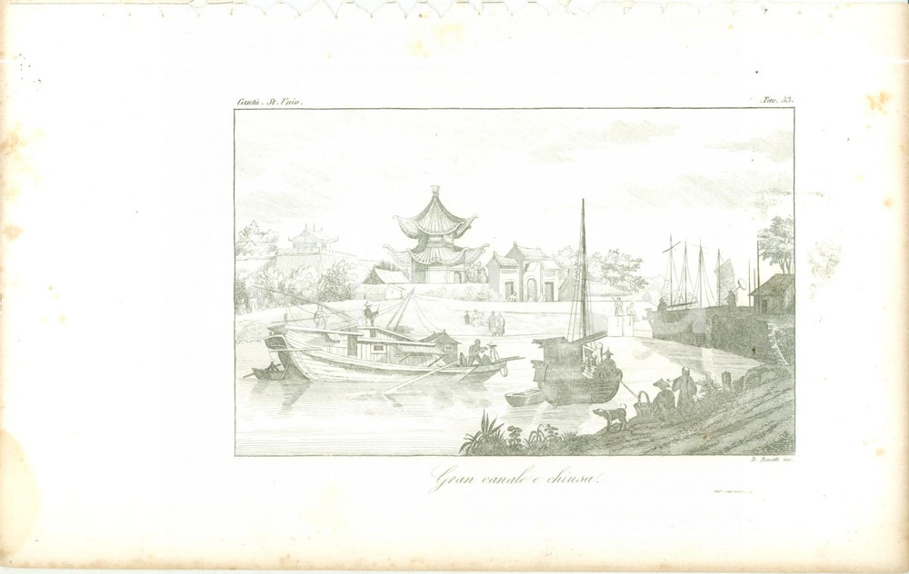 Stampa, bozzetto originale 1845 Cesare CANTU  Gran canale e chiusa Stampa estratta da Storia Universale 1