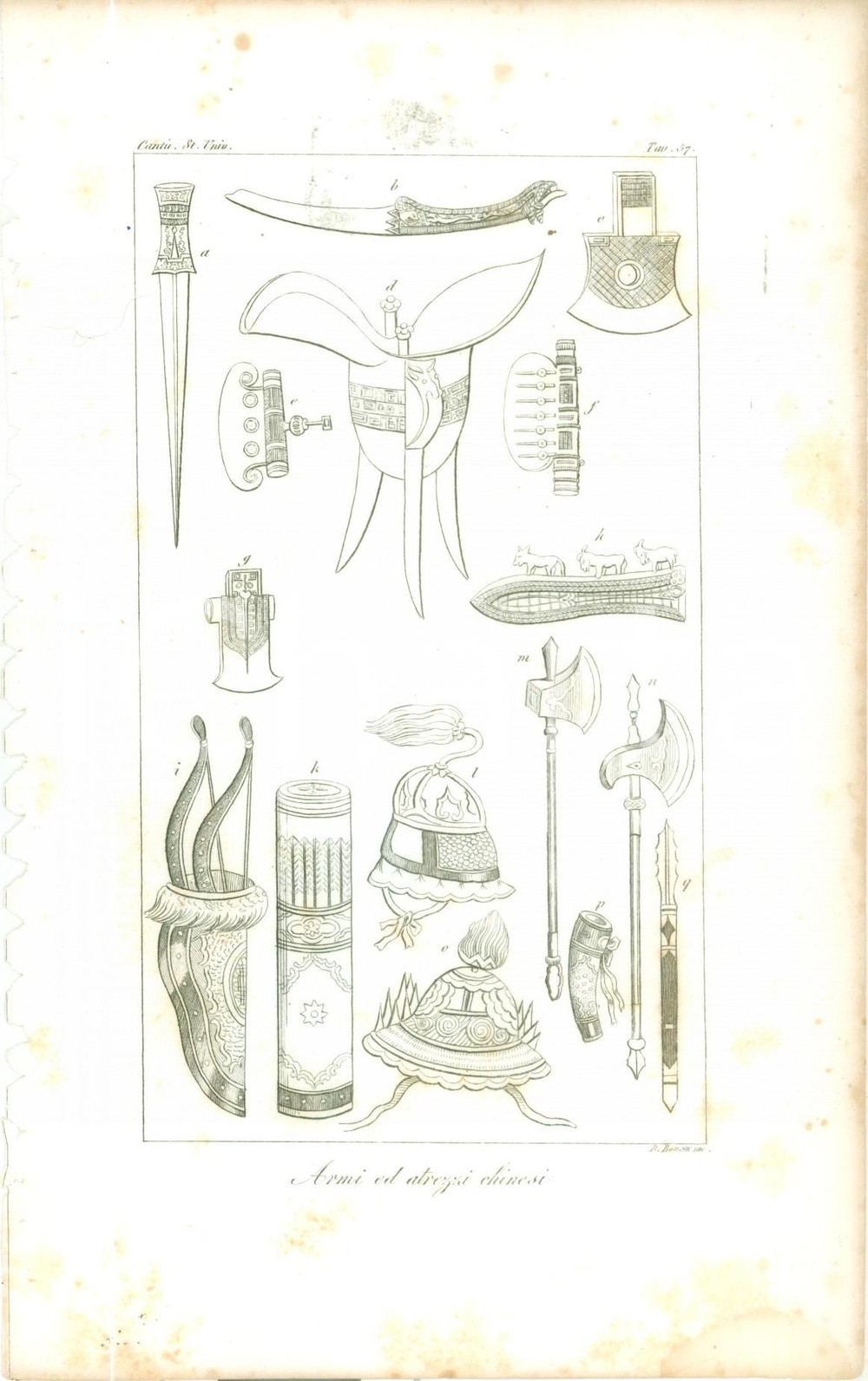 Stampa, bozzetto originale 1845 Cesare CANTU  Armi e attrezzi cinesi Stampa estratta da Storia Universale 1
