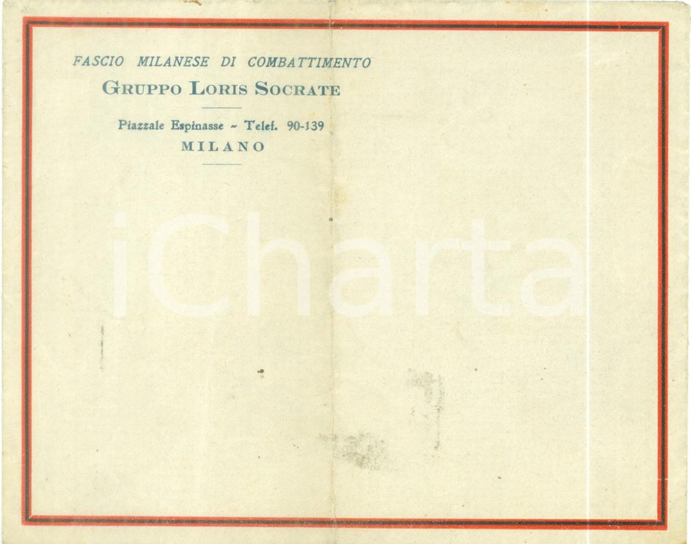 Documento originale, autentico 1935 ca MILANO Fascio Milanese Gruppo Loris SOCRATE Busta intestata 1