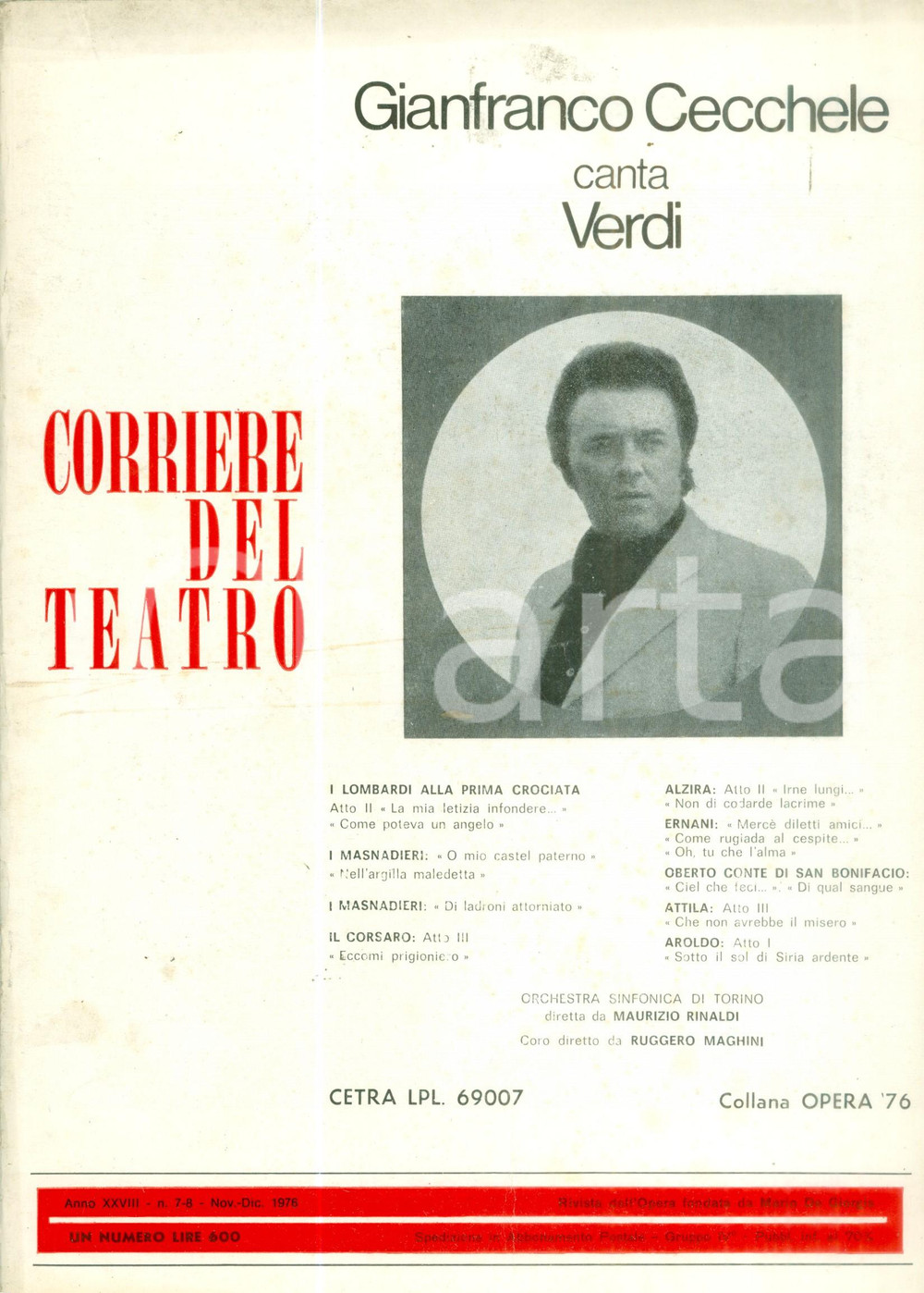 Giornale, rivista storica 1976 CORRIERE DEL TEATRO Gianfranco CECCHELE canta VERDI Rivista ILLUSTRATA 1