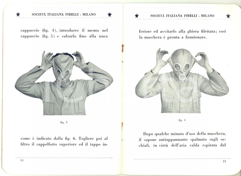 Libro, pubblicazione d epoca 1935 MILANO PIRELLI Maschera antigas tipo S.I.P. 1 Servizio Chimico Militare 10 1
