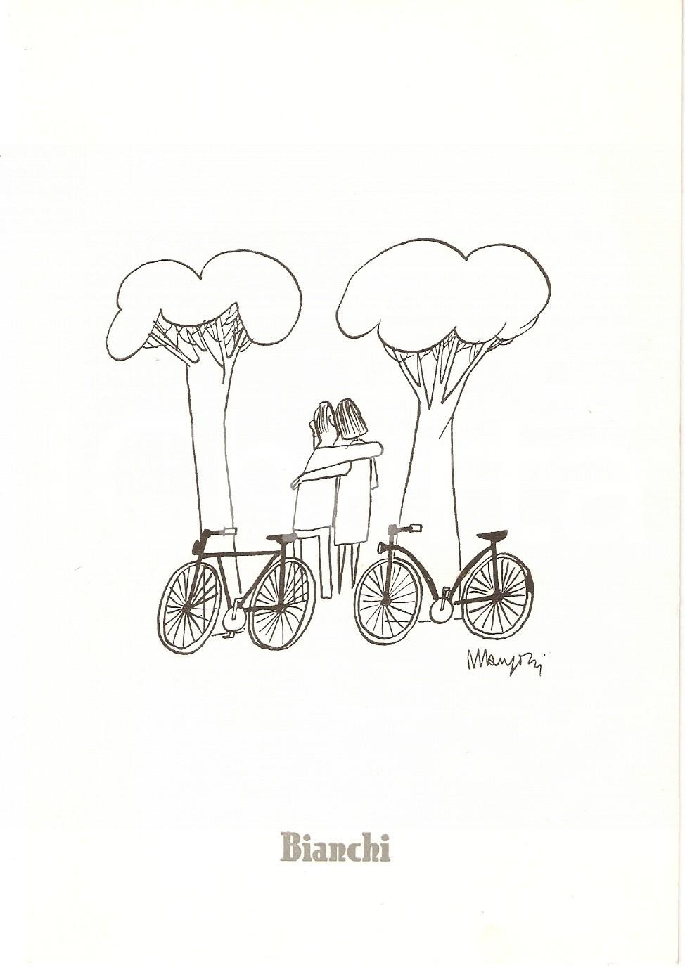 Materiale pubblicitario d’epoca 1985 ca BIANCHI BICICLETTE Ciclisti innamorati Cartoncino pubblicitario 1