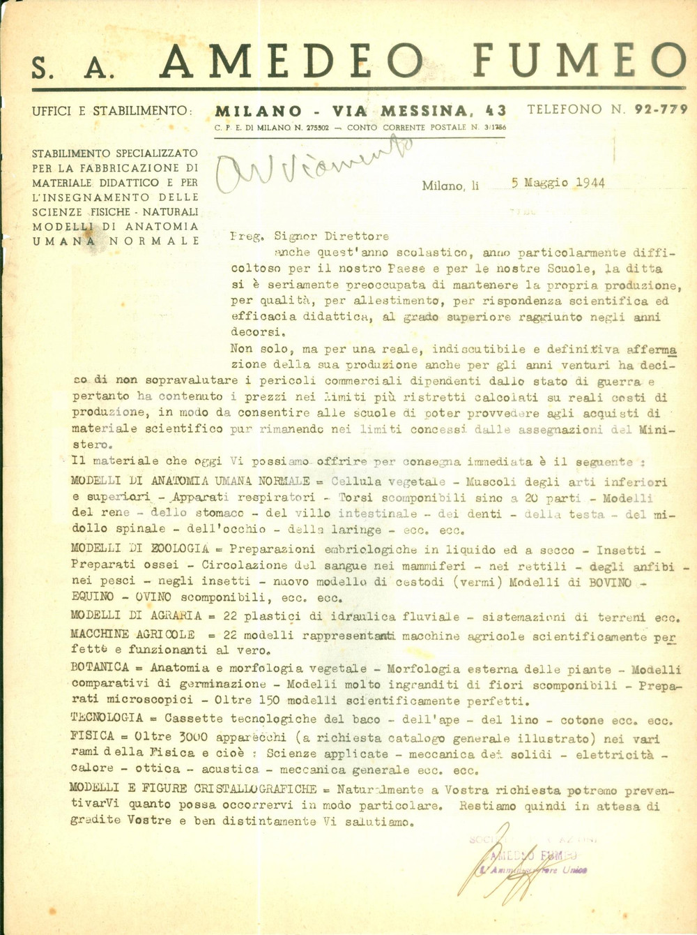 Documento originale, autentico 1944 MILANO RSI SocietÃ  Anonima Amedeo FUMEO Fabbricazione materiale didattico 1