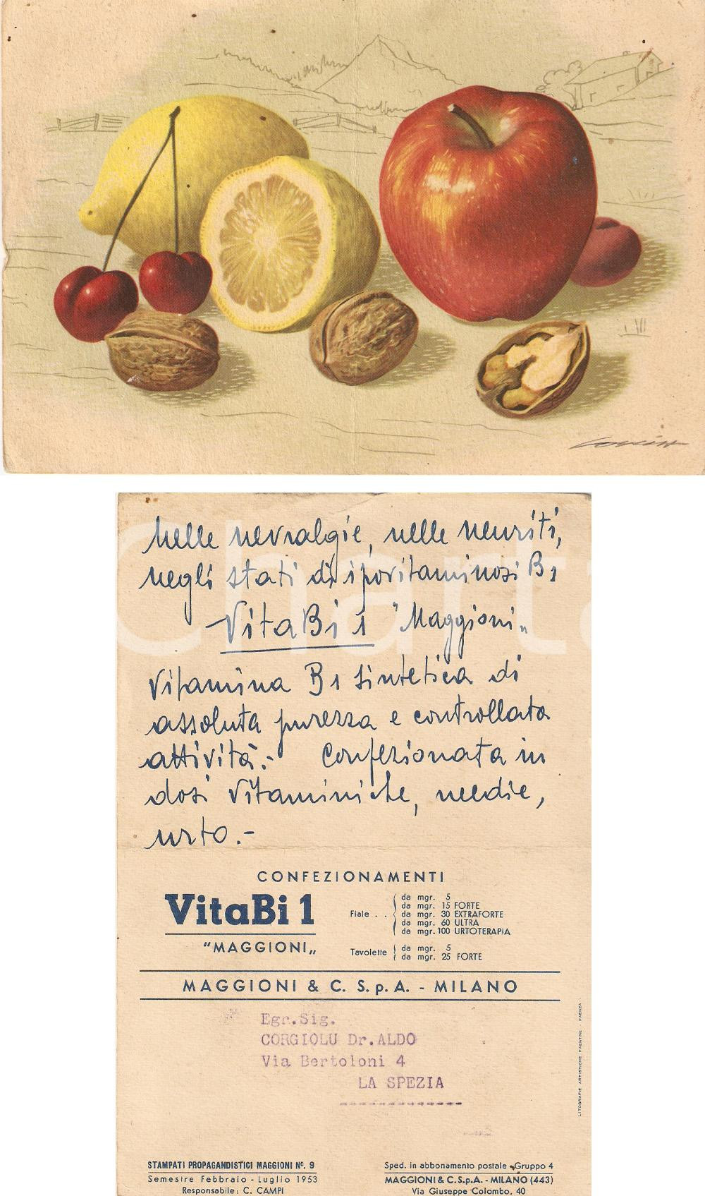 Materiale pubblicitario d’epoca 1955 ca MILANO Farmaci MAGGIONI Vitamina VITABI1 Cartoncino pubblicitario 1
