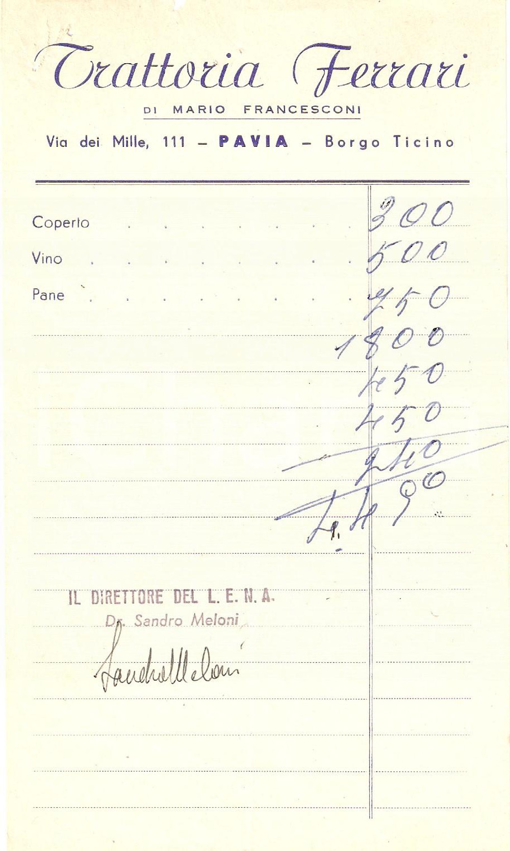 Materiale pubblicitario d’epoca 1950 ca PAVIA Trattoria FERRARI di Mario Francesconi Ricevuta 1