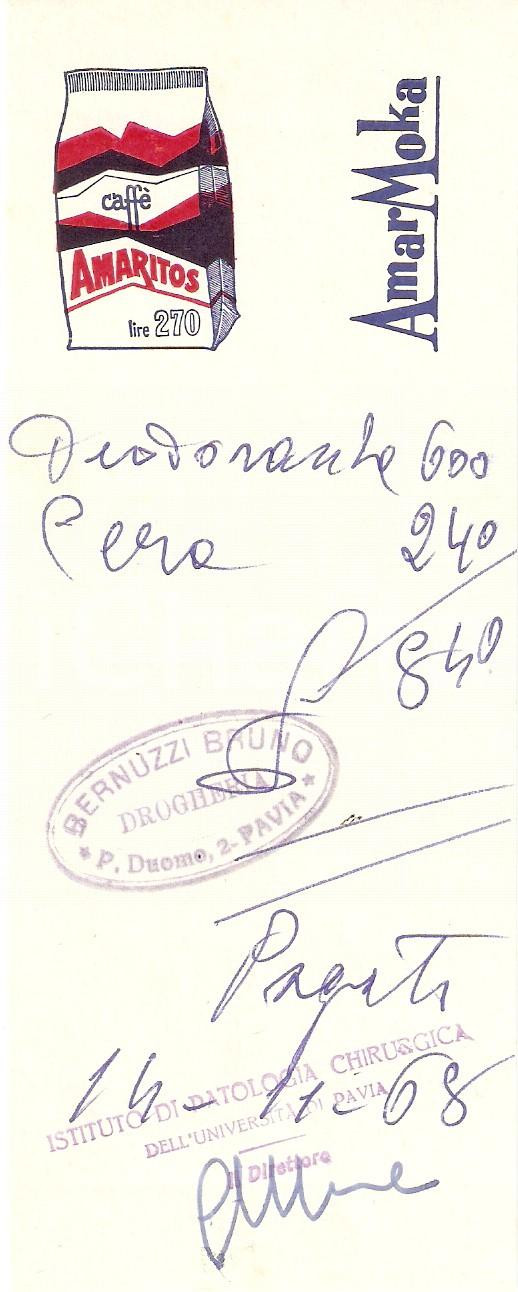 Materiale pubblicitario d’epoca 1968 PAVIA Drogheria Bruno BERNUZZI Caffé AMARMOKA Amaritos Ricevuta ILLUSTRATA 1