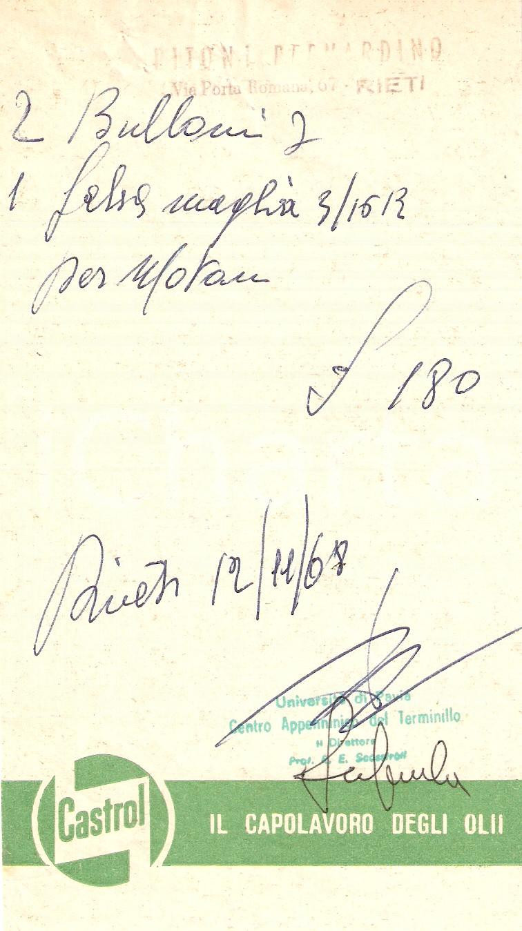 Materiale pubblicitario d’epoca 1968 RIETI Officina Bernardino PITONI PubblicitÃ  CASTROL Ricevuta 1