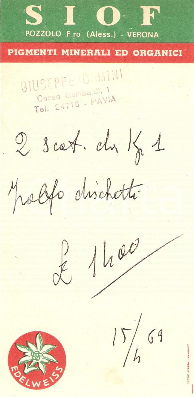 Materiale pubblicitario d’epoca 1969 POZZOLO FORMIGARO AL Pigmenti minerali ed organici SIOF Ricevuta 1