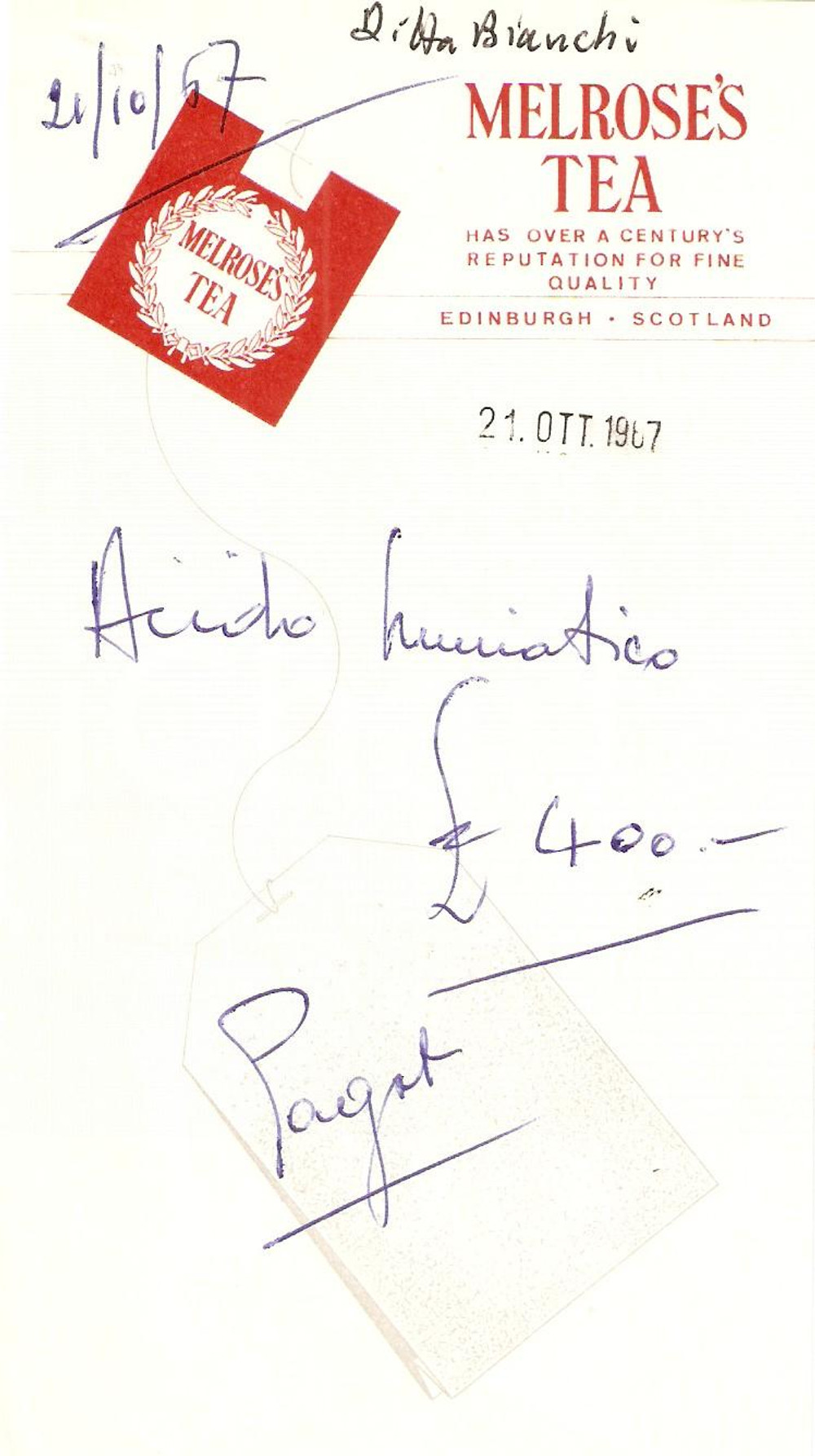 Materiale pubblicitario d’epoca 1967 EDINBURGH SCOTLAND Melrose s tea Ricevuta ILLUSTRATA 1