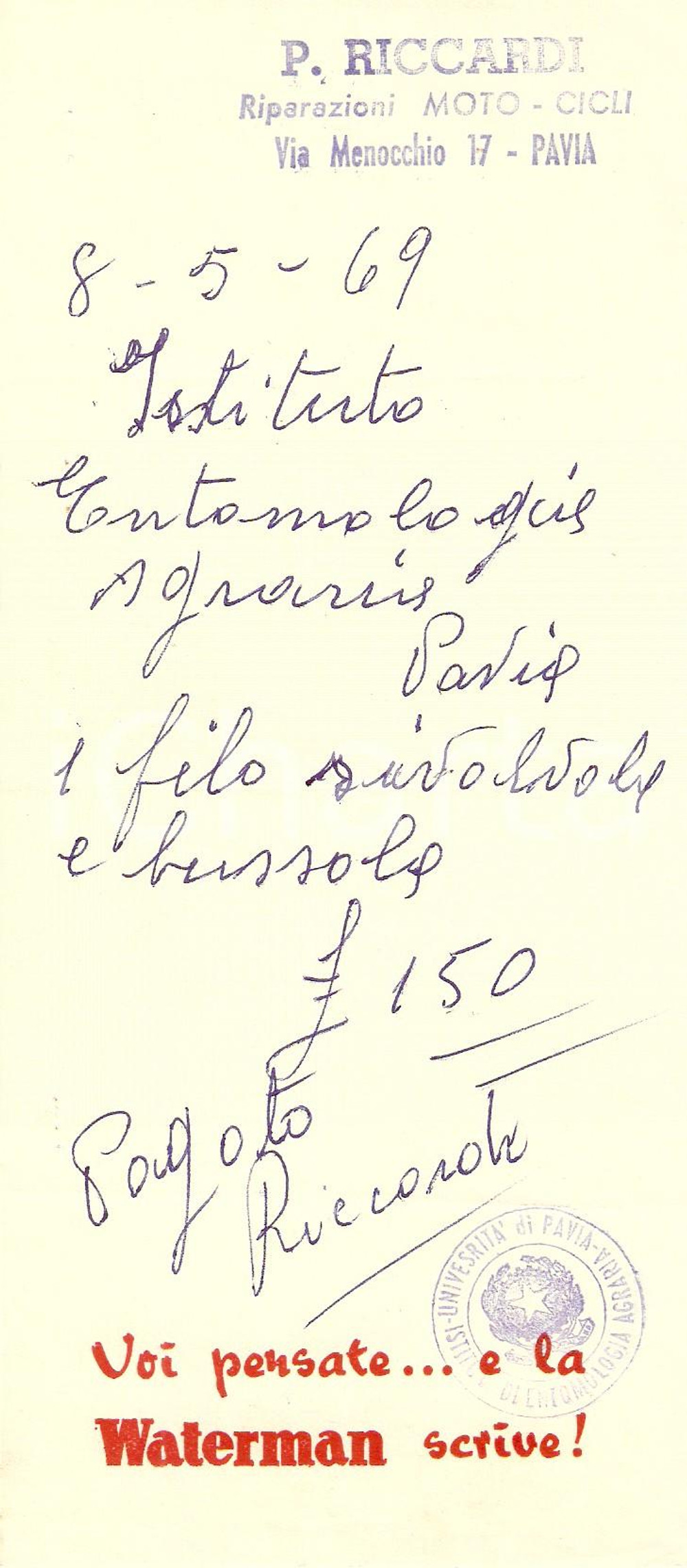 1969 PAVIA Officina RICCARDI Pubblicità Penne WATERMAN *Ricevuta