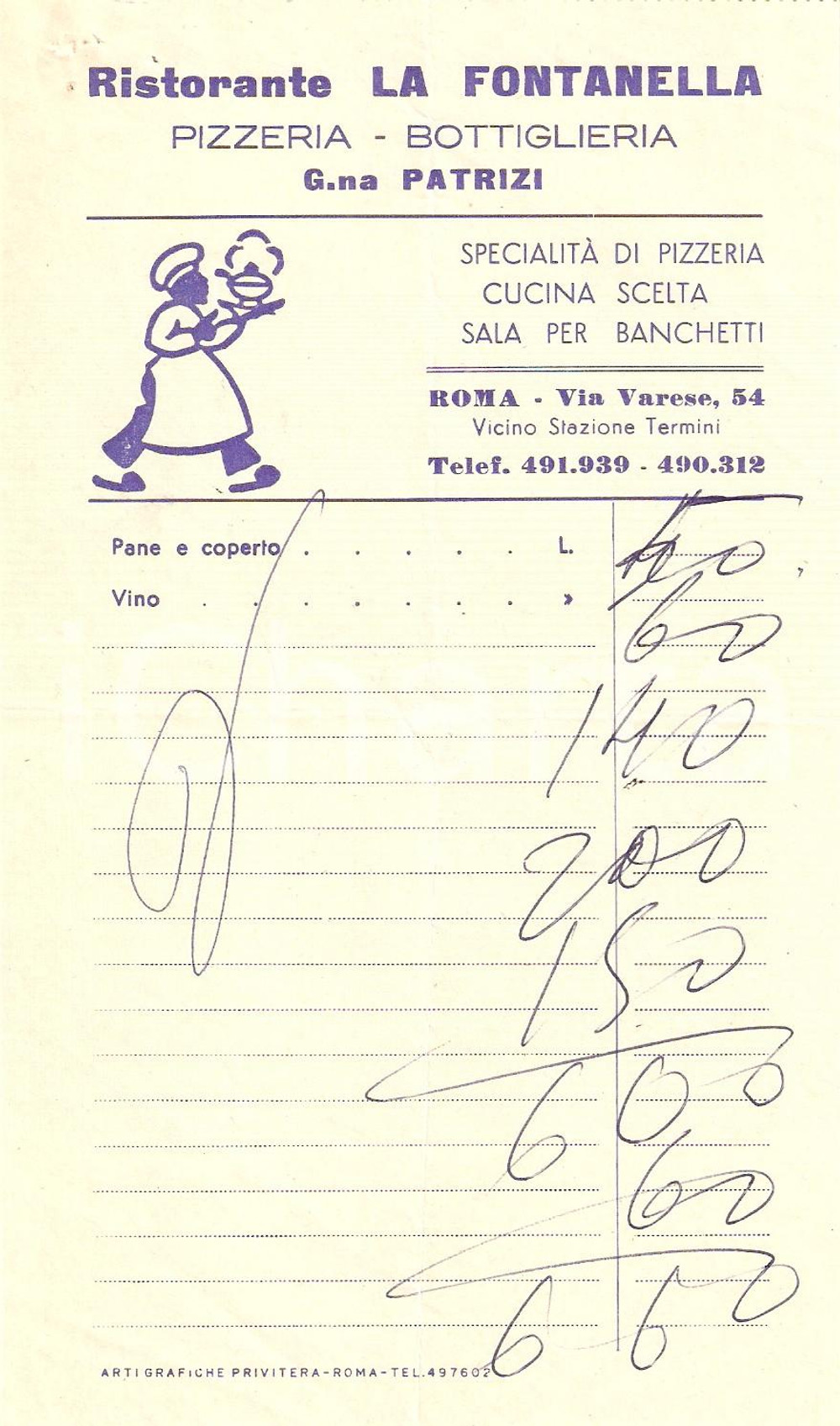Materiale pubblicitario d’epoca 1960 ca ROMA Ristorante LA FONTANELLA Pizzeria Bottiglieria Ricevuta ILLUSTRATA 1