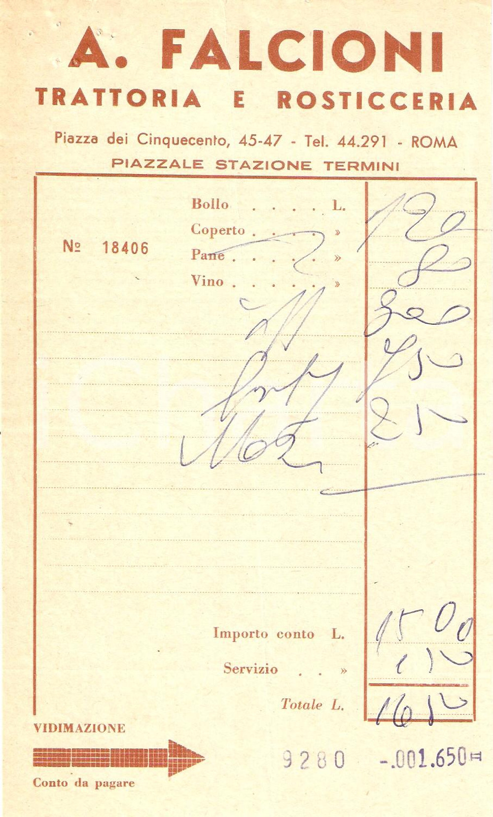 Materiale pubblicitario d’epoca 1960 ca ROMA Rosticceria A. FALCIONI Trattoria Ricevuta 1