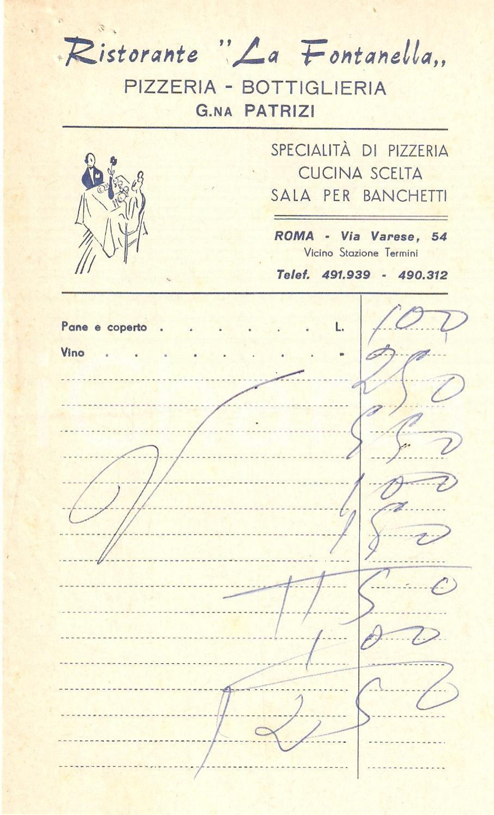 Materiale pubblicitario d’epoca 1960 ca ROMA Ristorante LA FONTANELLA Pizzeria Bottiglieria Ricevuta 1