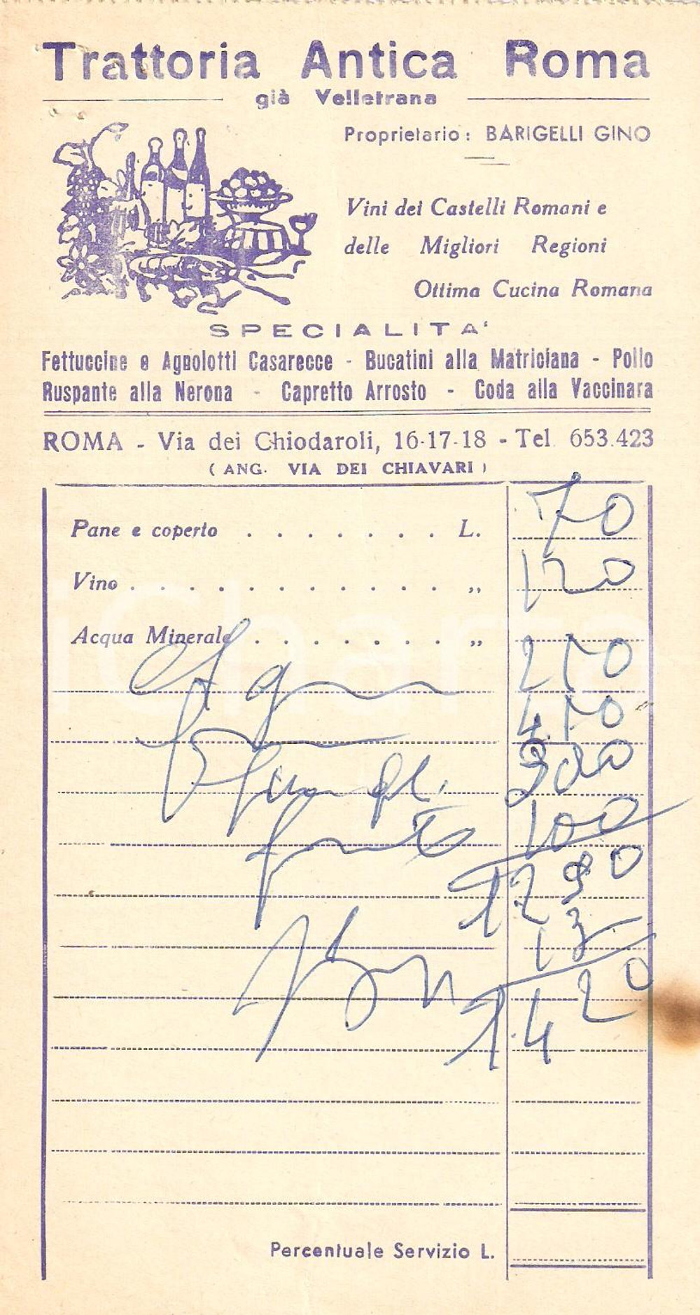 Materiale pubblicitario d’epoca 1960 ca ROMA Trattoria ANTICA ROMA giÃ  Velletrana Ricevuta ILLUSTRATA 1