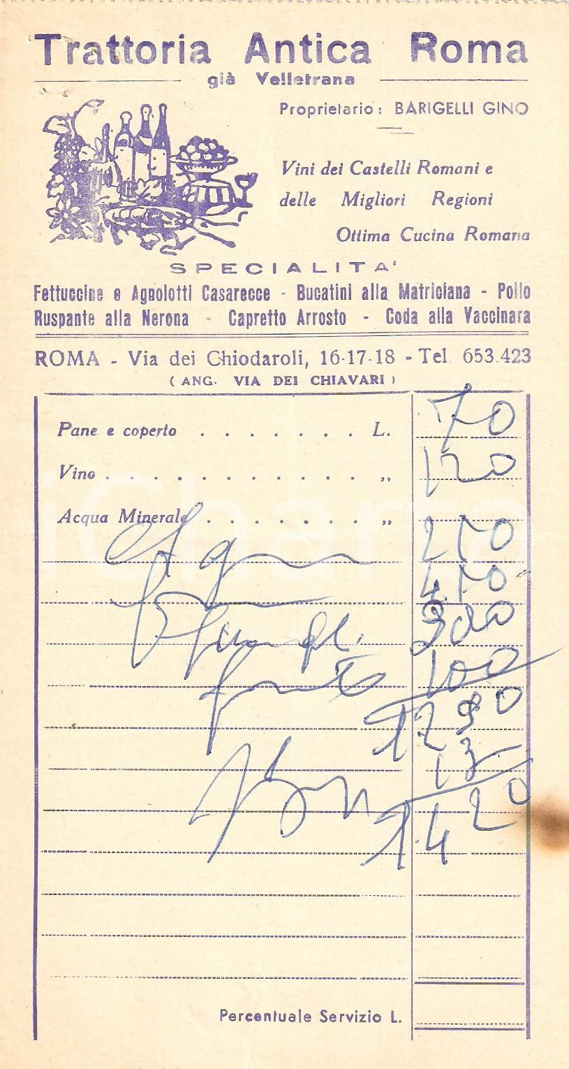 Materiale pubblicitario d’epoca 1960 ca ROMA Trattoria ANTICA ROMA giÃ  Velletrana Ricevuta ILLUSTRATA 1
