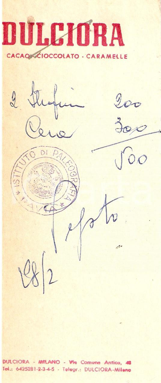 Materiale pubblicitario d’epoca 1960 ca MILANO Dolci DULCIORA Cacao Cioccolato Caramelle Ricevuta 1