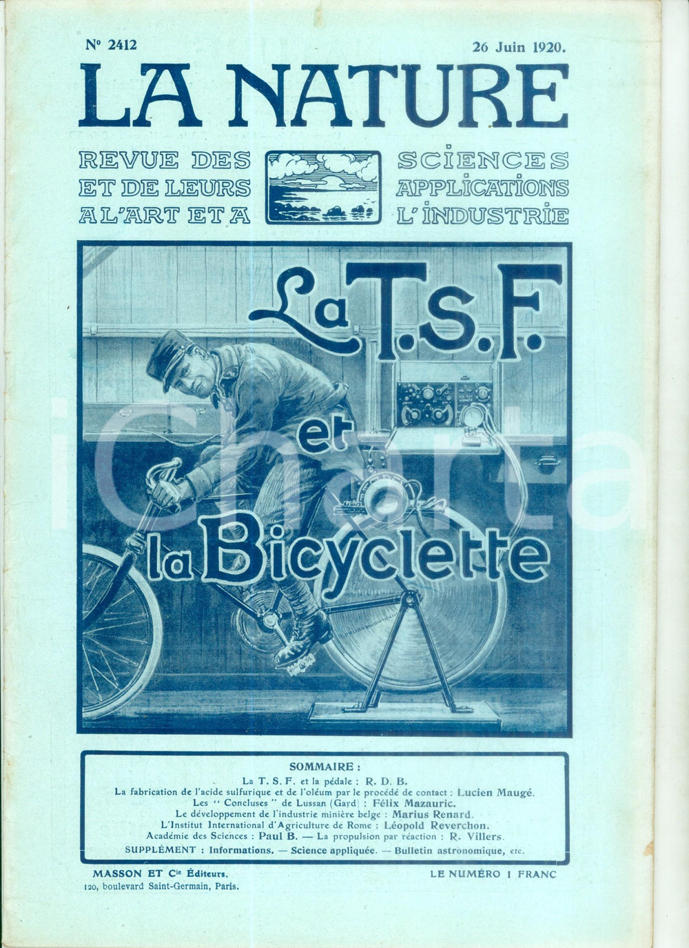 Giornale, rivista storica 1920 LA NATURE La T.S.F. et la bicyclette Revue ILLUSTREE SCIENCE n. 2412 1