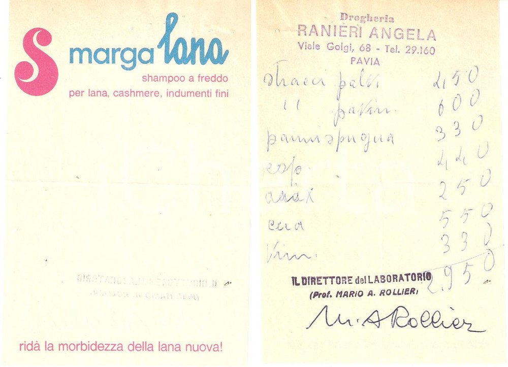 Materiale pubblicitario d’epoca 1960 ca PAVIA Drogheria Angela RANIERI PubblicitÃ  MARGA LANA Ricevuta 1