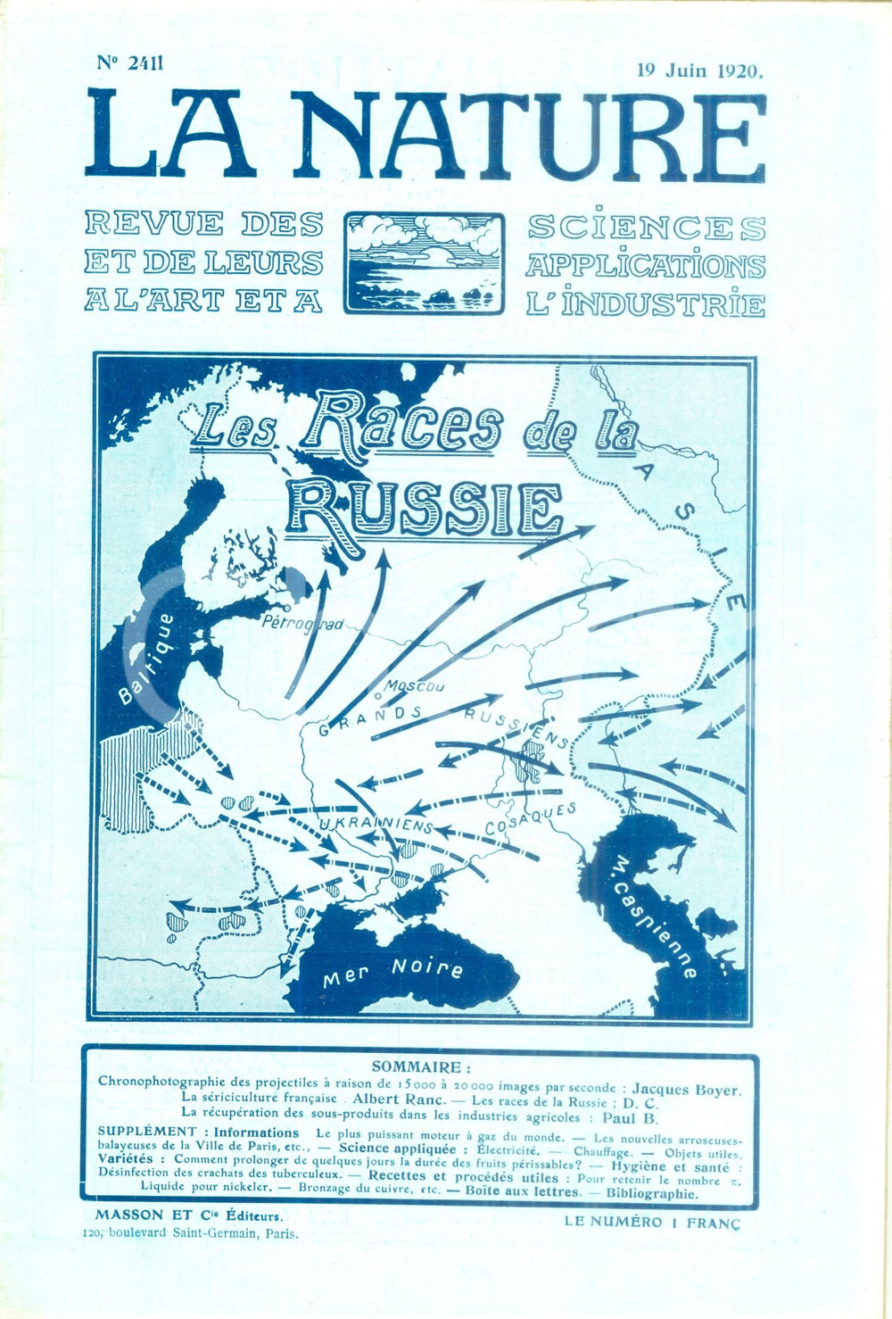Giornale, rivista storica 1920 LA NATURE Les races de la RUSSIE Revue ILLUSTREE SCIENCE n. 2411 1