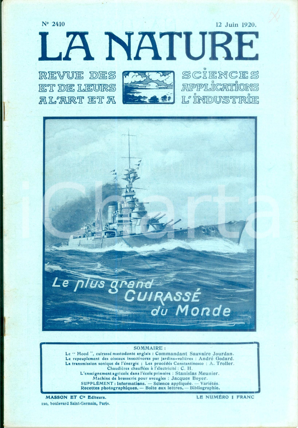Giornale, rivista storica 1920 LA NATURE Le plus grand cuirassÃ© du Monde Revue ILLUSTREE SCIENCE n. 2410 1