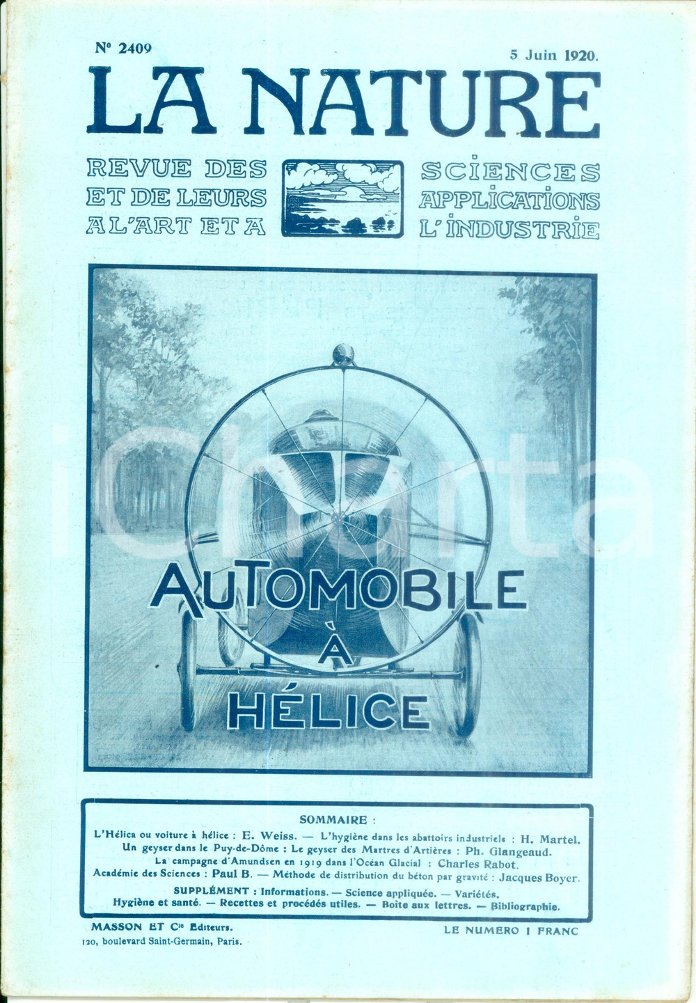 Giornale, rivista storica 1920 LA NATURE Automobile Ã  hÃ©lice Revue ILLUSTREE SCIENCE n. 2409 1