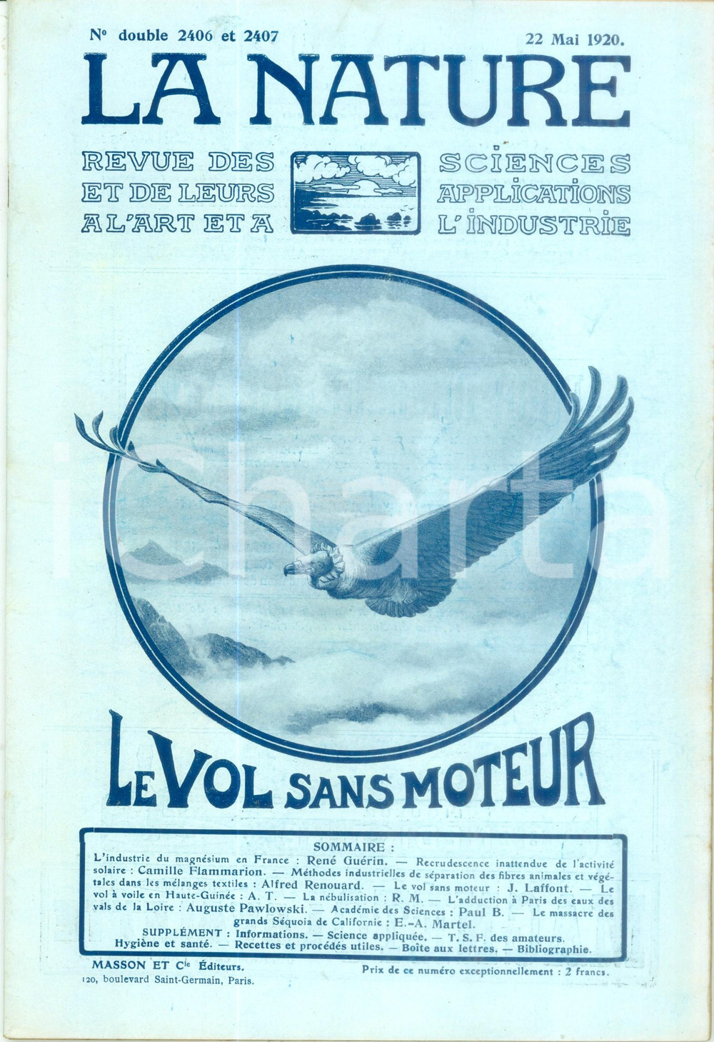 Giornale, rivista storica 1920 LA NATURE Le vol sans moteur Revue ILLUSTREE SCIENCE n. 2406  2407 1
