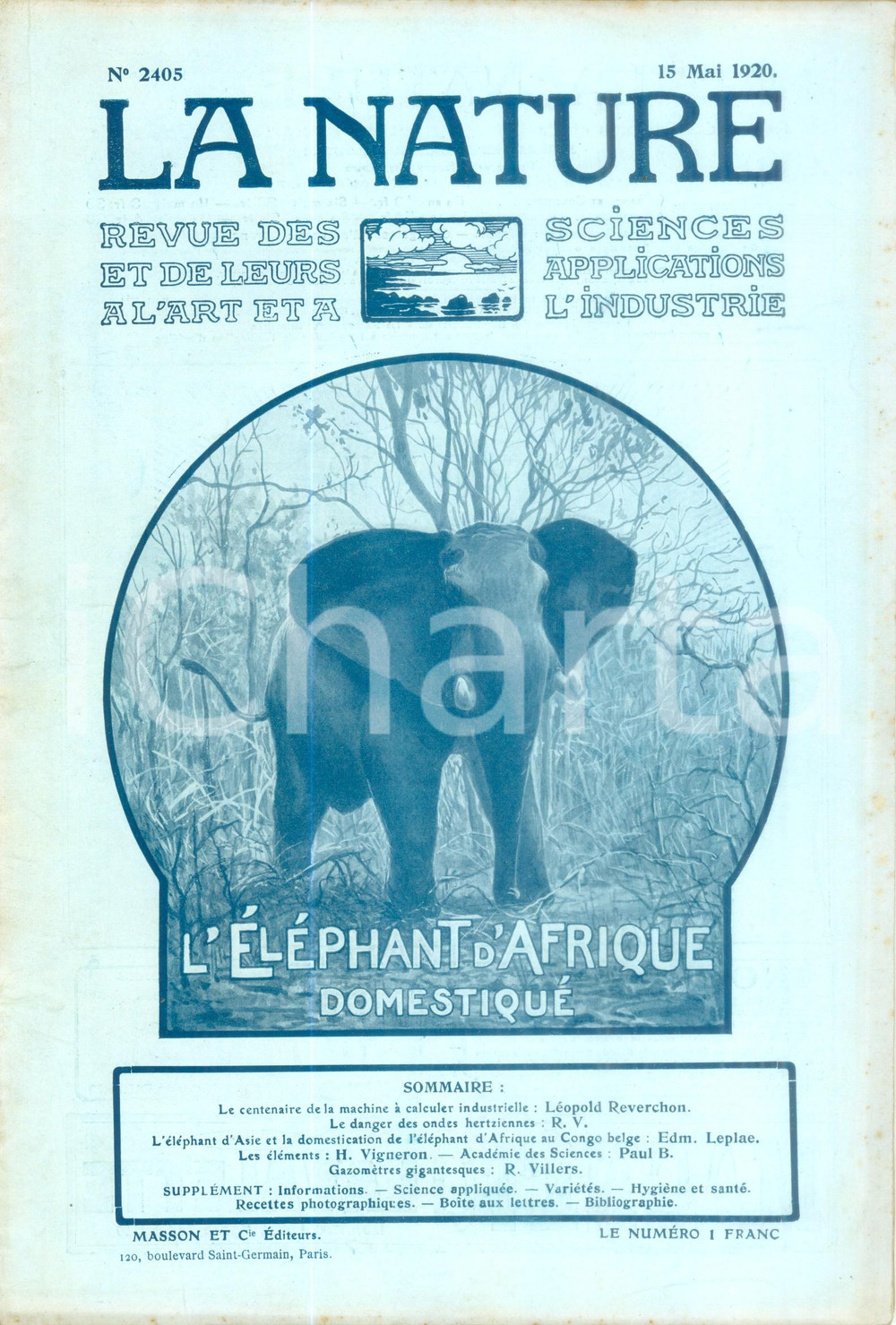 Giornale, rivista storica 1920 LA NATURE L Ã©lÃ©phant d AFRIQUE domestiquÃ© Revue ILLUSTREE SCIENCE n. 2405 1