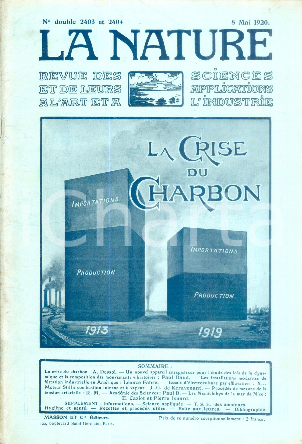 Giornale, rivista storica 1920 LA NATURE La crise du charbon Revue ILLUSTREE SCIENCE n. double 2403  2404 1