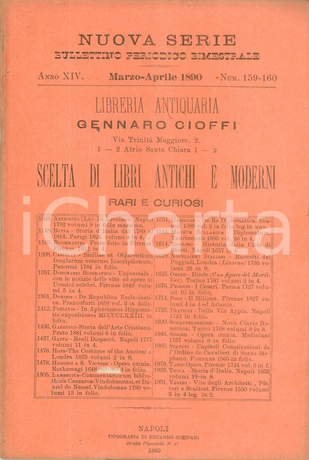 Libro, pubblicazione d epoca 1890 NAPOLI Libreria Antiquaria Gennaro CIOFFI Libri rari e curiosi Catalogo 1
