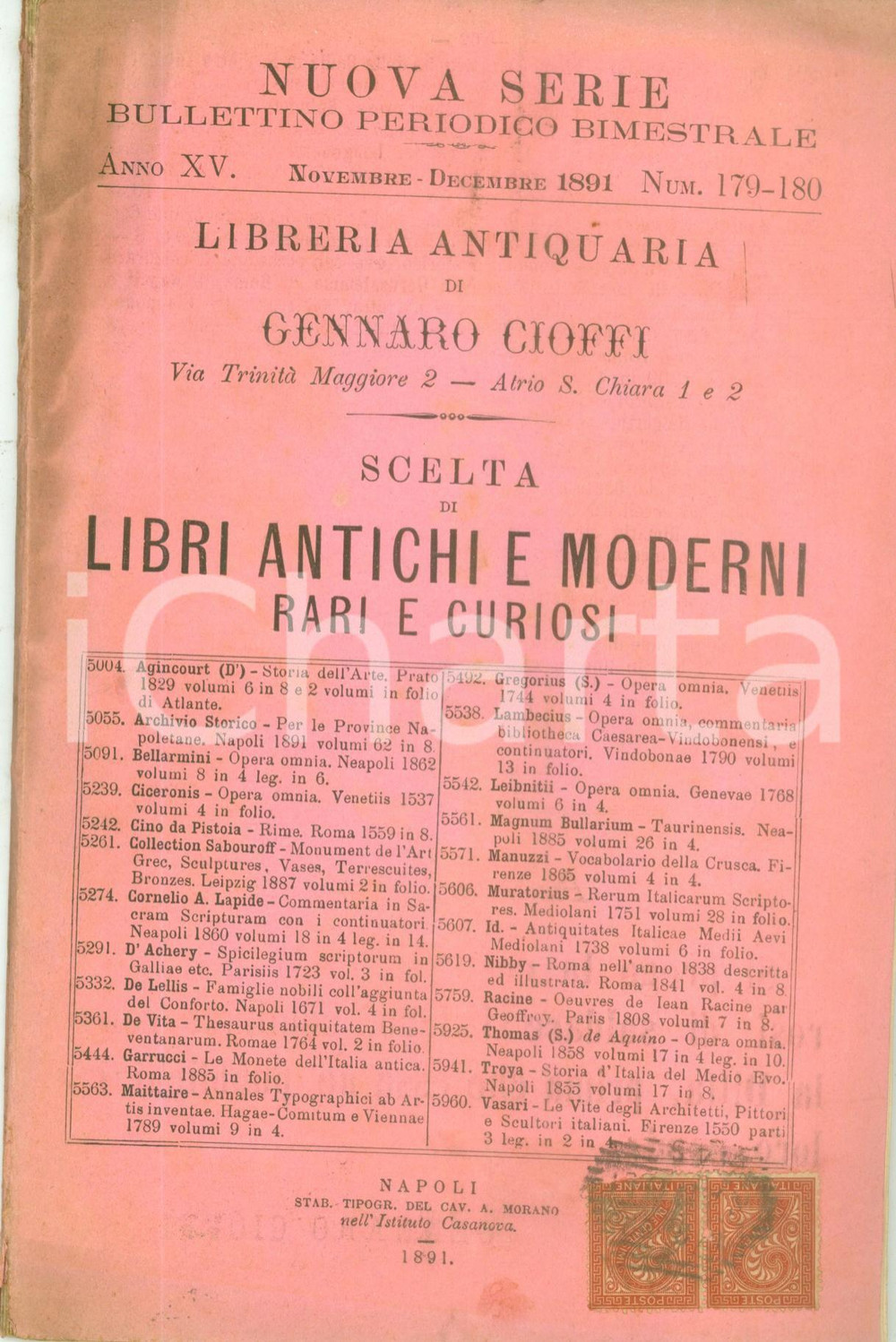 Libro, pubblicazione d epoca 1891 MILANO Libreria Pietro VISMARA di Enrico VISMARA Catalogo nn. 179180 1