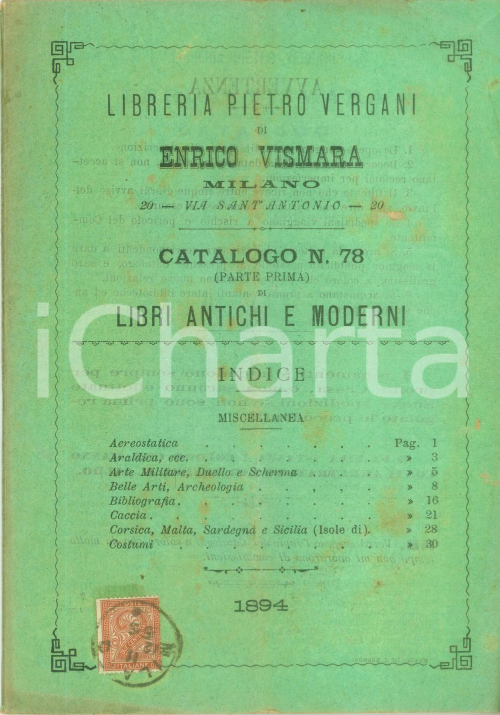 Libro, pubblicazione d epoca 1894 MILANO Libreria Pietro VISMARA di Enrico VISMARA Catalogo n. 78 1