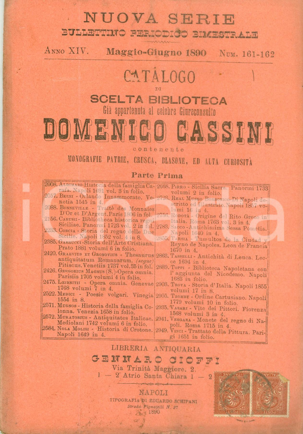 Libro, pubblicazione d epoca 1890 NAPOLI Catalogo scelta biblioteca di Domenico CASSINI Libreria CIOFFI 1