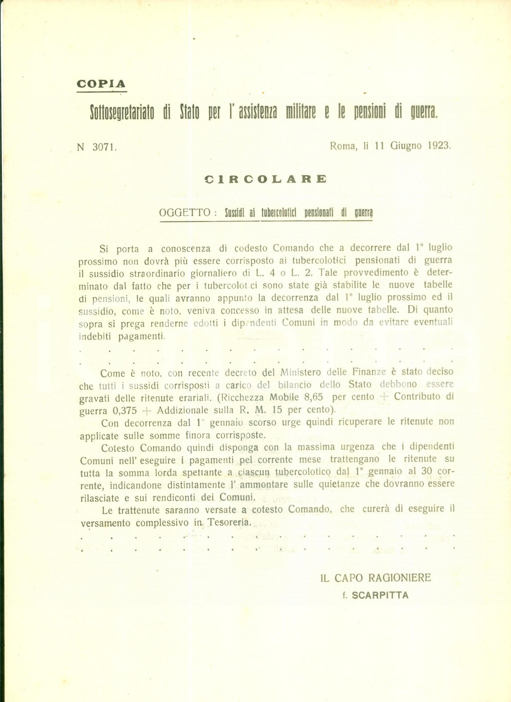 Documento originale, autentico 1923 ROMA Cessazione dei sussidi ai tubercolotici pensionati di guerra 1