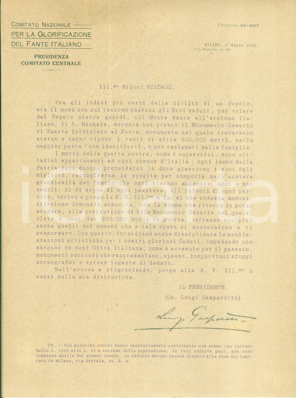 Documento originale, autentico 1920 MILANO Comitato Nazionale per la Glorificazione del Fante Italiano 1
