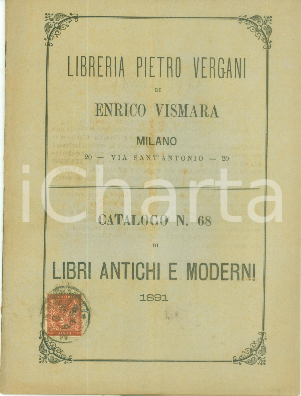 Libro, pubblicazione d epoca 1891 MILANO Libreria Pietro VISMARA di Enrico VISMARA Catalogo n. 68 1