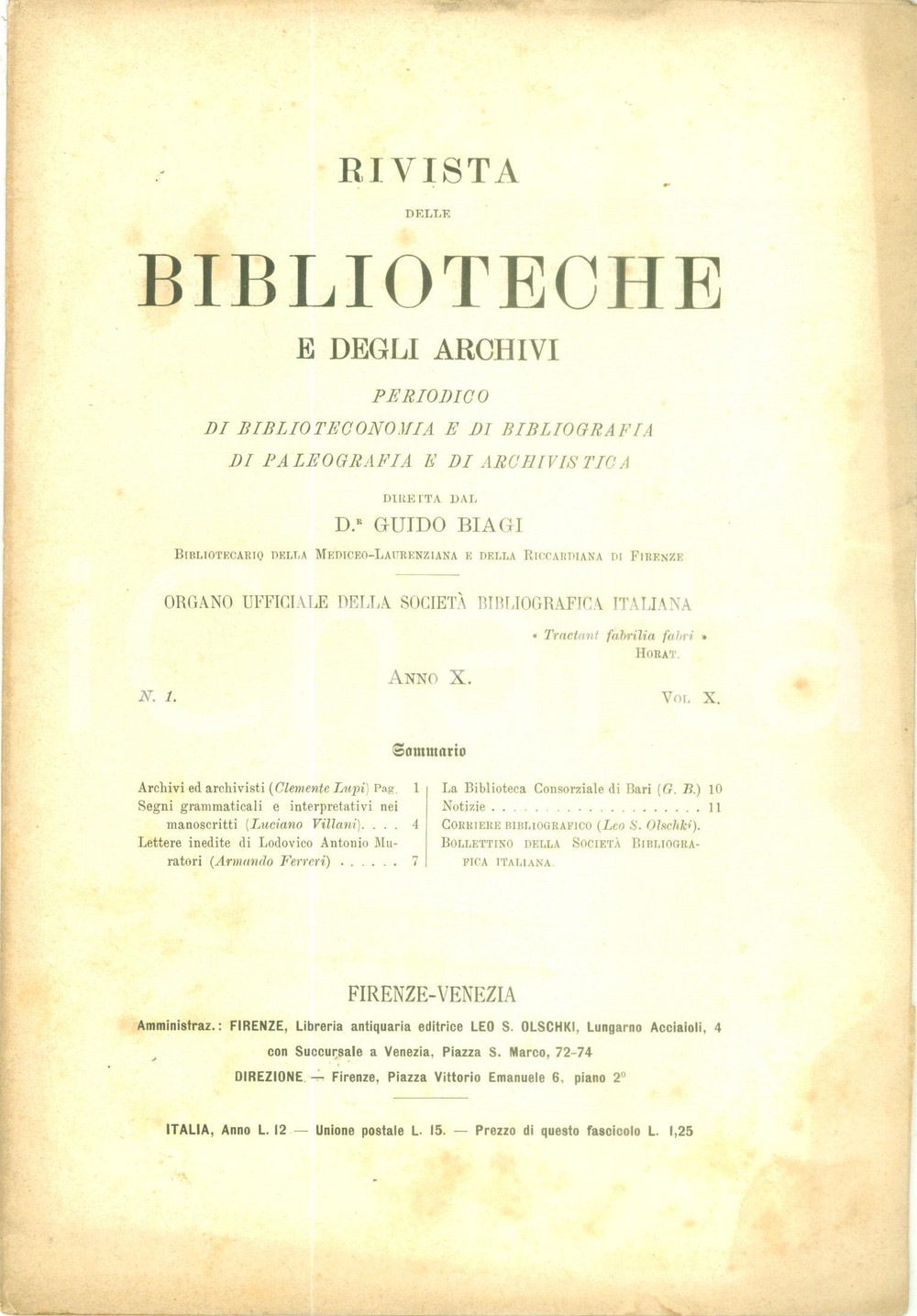 Giornale, rivista storica 1899 RIVISTA BIBLIOTECHE E ARCHIVI Lettere inedite Ludovico Antonio MURATORI 1