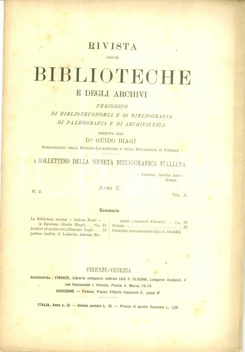 Giornale, rivista storica 1899 RIVISTA BIBLIOTECHE E ARCHIVI Biblioteca storica Andera Ponti in RAVENNA 1