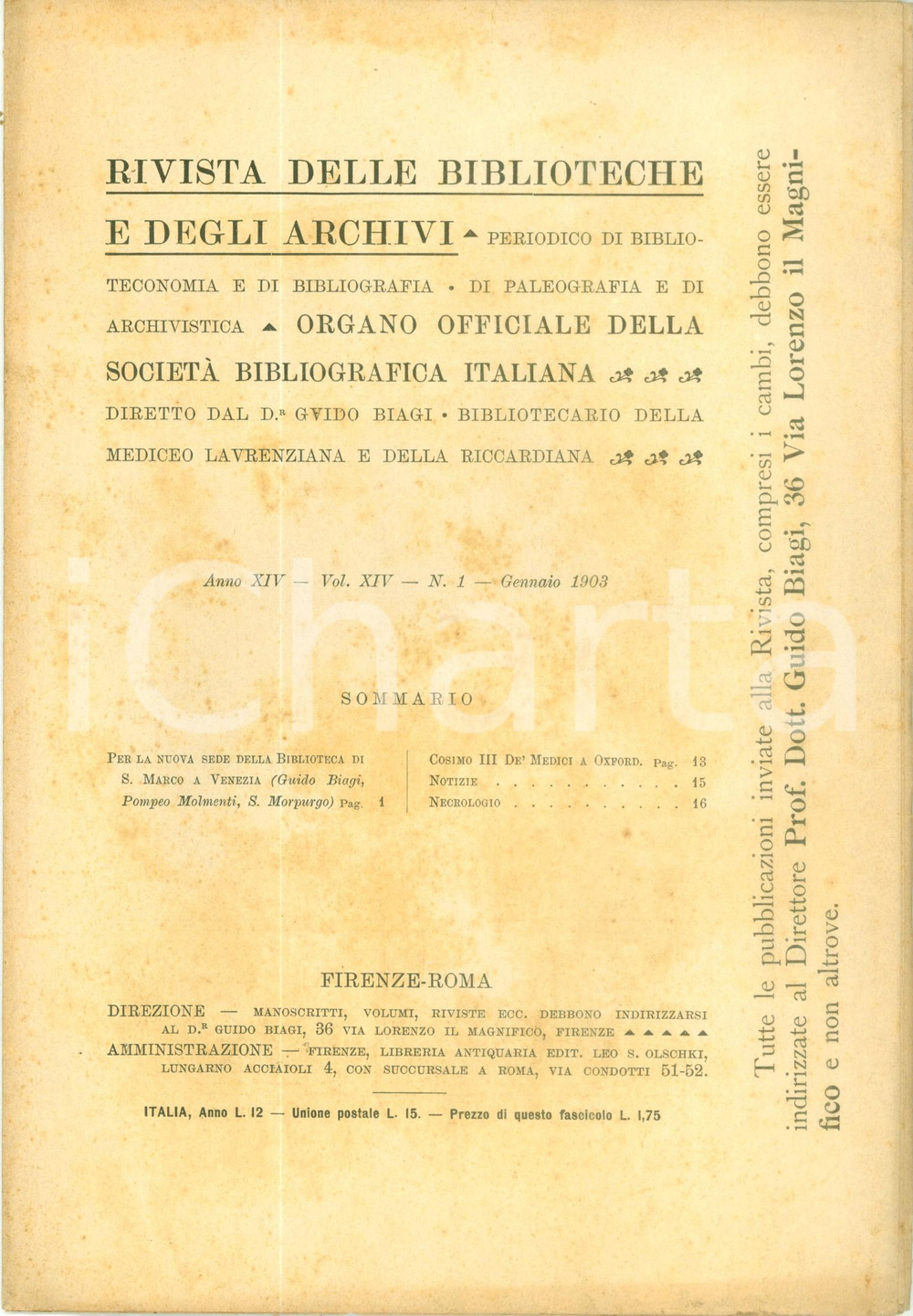 Giornale, rivista storica 1903 RIVISTA BIBLIOTECHE E ARCHIVI Nuova sede Biblioteca SAN MARCO a VENEZIA 1