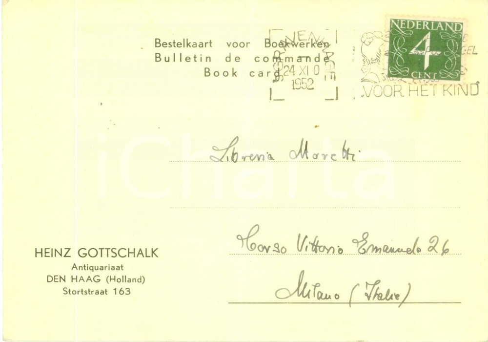 1952 DEN HAAG (OLANDA) Antiquariaat Heinz GOTTSCHALK Cedola commissione libraria