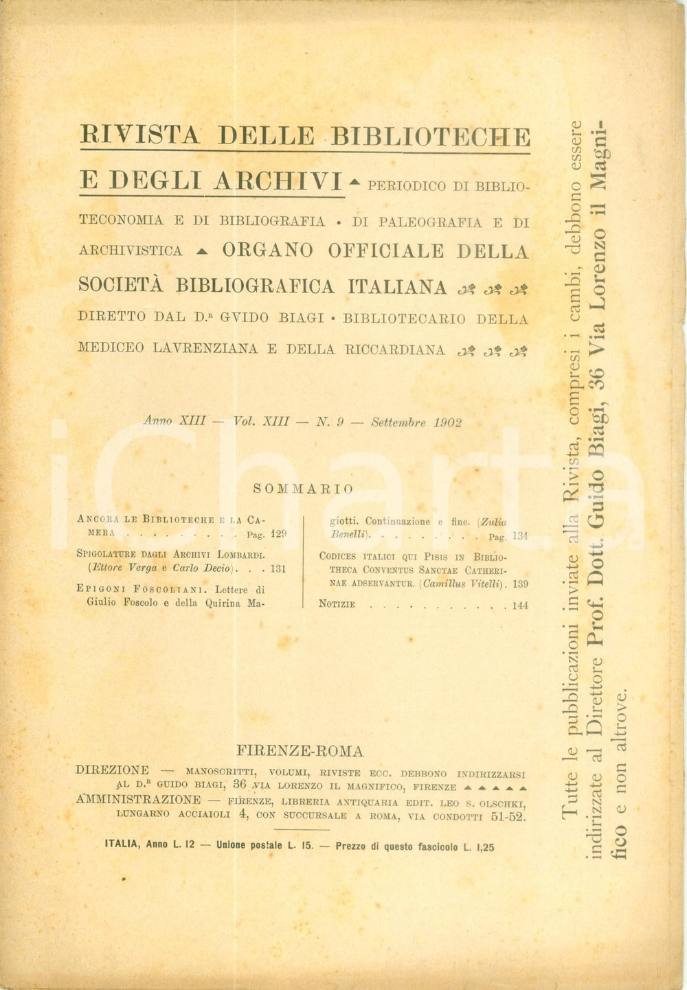 Giornale, rivista storica 1902 RIVISTA BIBLIOTECHE E ARCHIVI Lettere Giulio FOSCOLO e Quirina MAGIOTTI 1