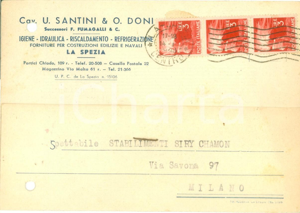 Cartolina originale da collezione 1947 LA SPEZIA Igiene idraulica Cav. SANTINI & DONI Cartolina commerciale FG VG 1