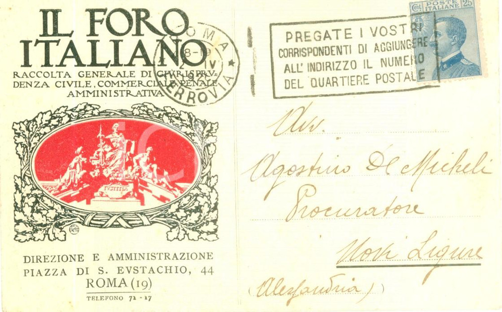 Cartolina originale da collezione 1921 ROMA Rivista IL FORO ITALIANO Cartolina pubblicitaria ILLUSTRATA FP VG 1