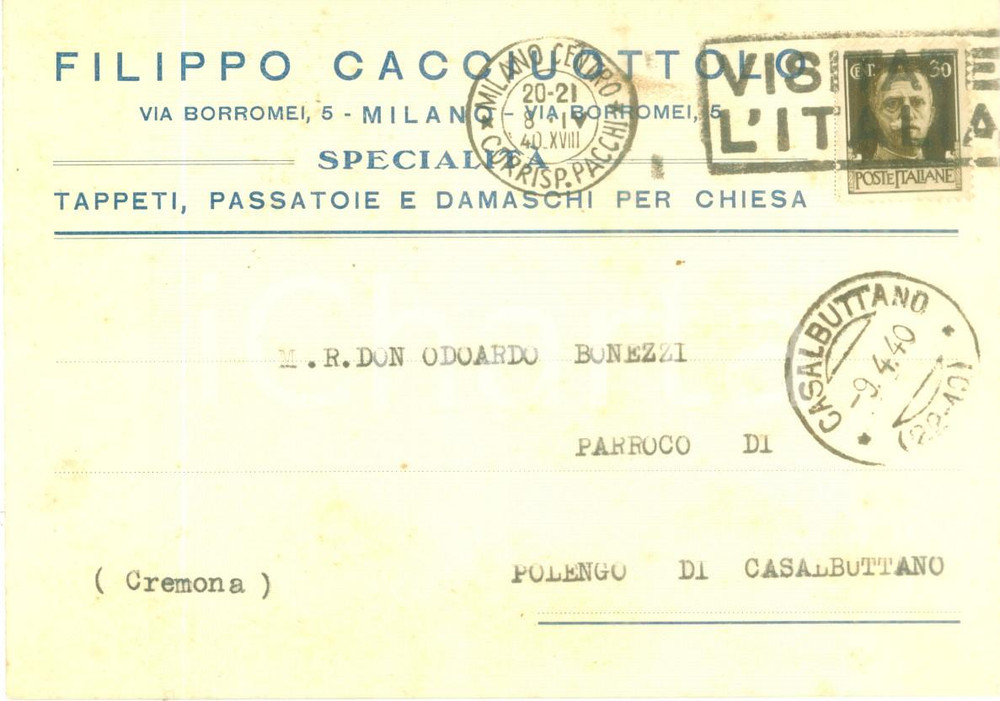 1940 MILANO Filippo CACCIUOTTOLO Tappeti passatoie damaschi *Cartolina FG VG
