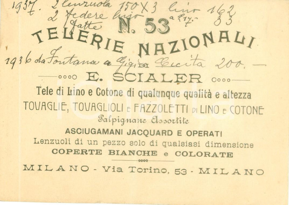 Documento originale, autentico 1914 MILANO Via Torino 53  Telerie nazionali SCIALER Lino e cotone Biglietto 1