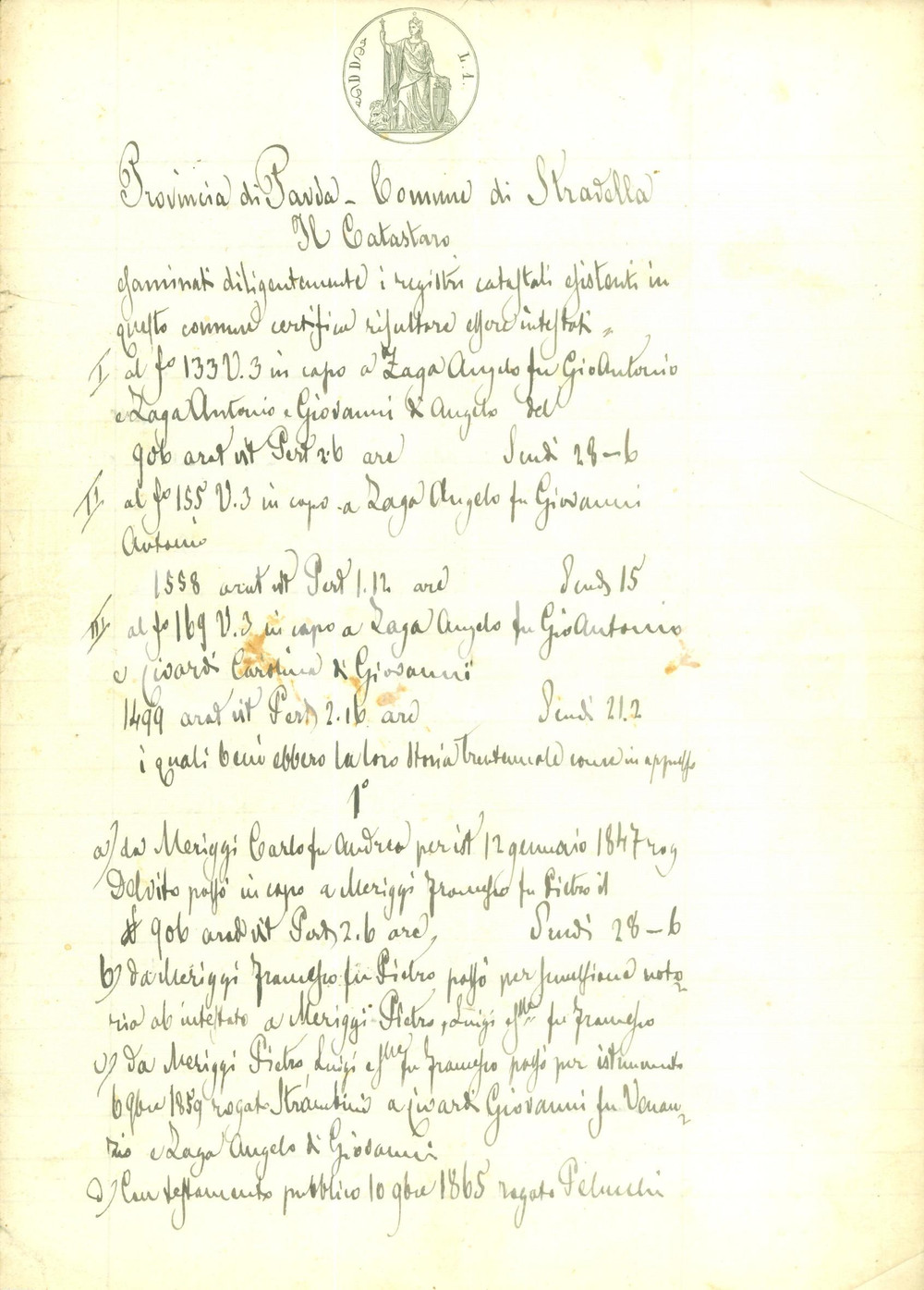 Documento originale, autentico 1880 STRADELLA PV Elenco beni catastali famiglia Angelo ZAGA Manoscritto 1
